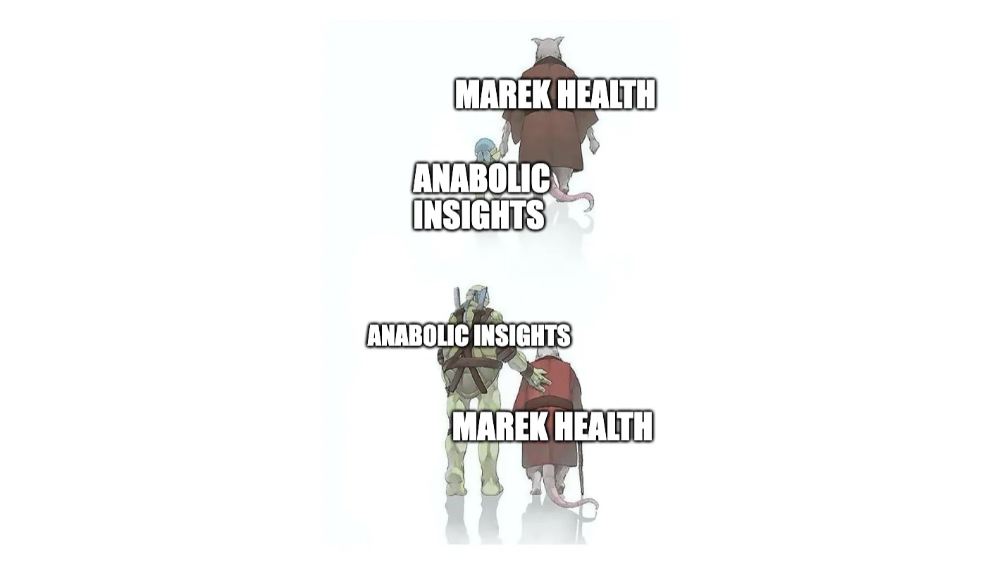 Two-panel meme: a young turtle labeled Anabolic Insights walks holding the hand of its rat sensei labeled Marek Health, then the grown turtle walks with its arm around the older sensei