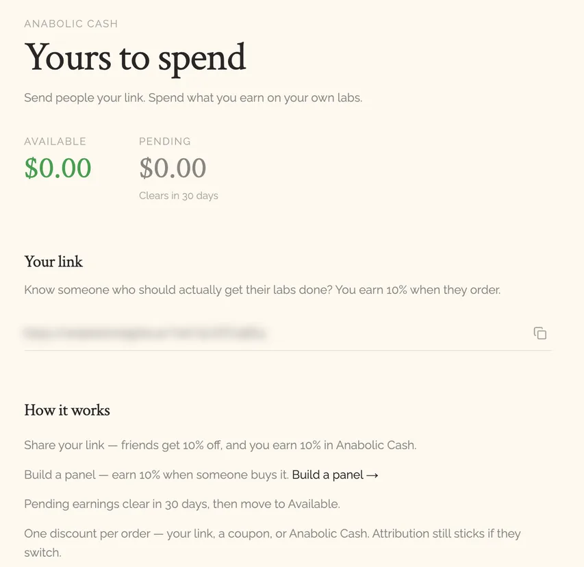 Anabolic Cash page showing available and pending balances, a personal referral link, and how it works: share your link so friends get 10% off and you earn 10%, earn 10% when someone buys a panel you built, and pending earnings clear in 30 days
