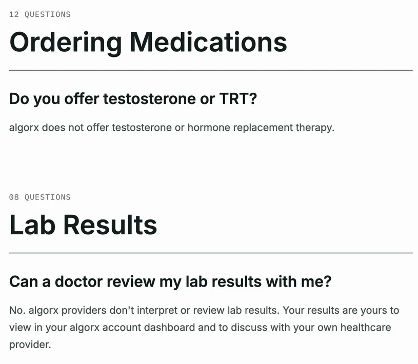AlgoRx FAQ answers: algorx does not offer testosterone or hormone replacement therapy, and algorx providers don't interpret or review lab results