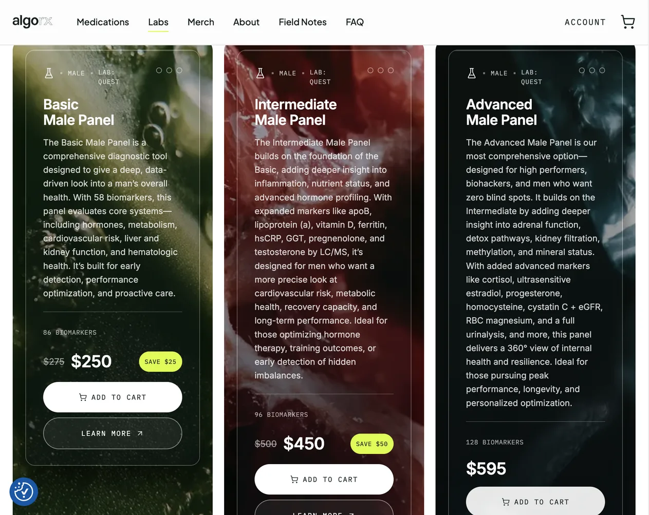 AlgoRx lab packages page showing the Basic Male Panel at $250, the Intermediate Male Panel at $450 and the Advanced Male Panel at $595, all at Quest
