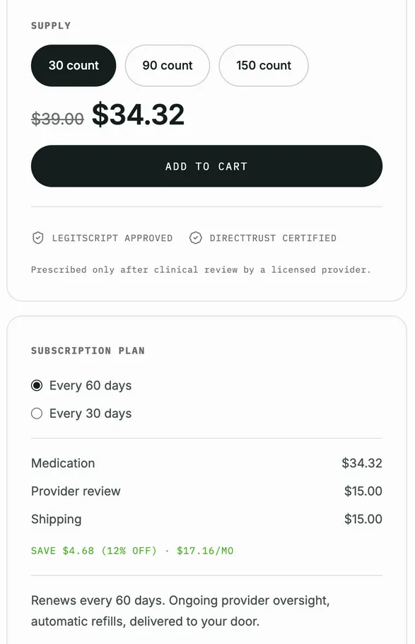AlgoRx tadalafil page order summary listing Medication $34.32, Provider review $15.00 and Shipping $15.00