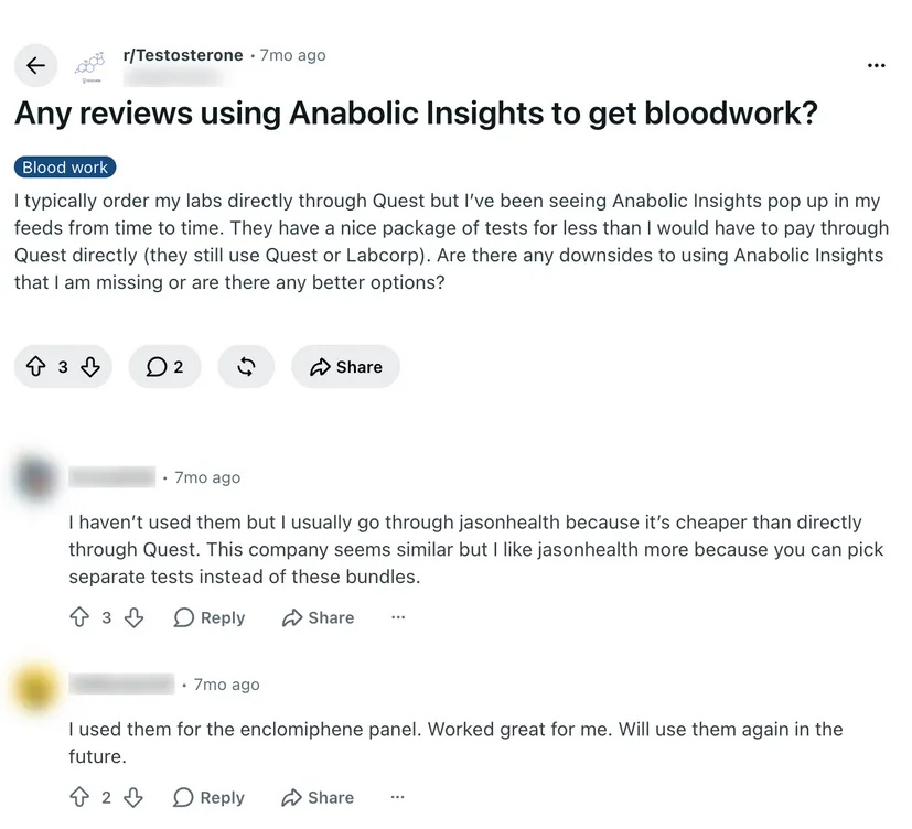 Reddit thread in r/Testosterone asking for reviews of Anabolic Insights, with one reply preferring a different service for individual tests and another saying the enclomiphene panel worked great