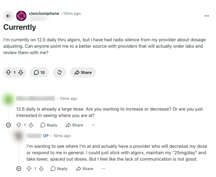 Reddit post in r/enclomiphene where a user on enclomiphene through AlgoRx reports radio silence from their provider about dosage adjusting and asks for providers who will order and review labs