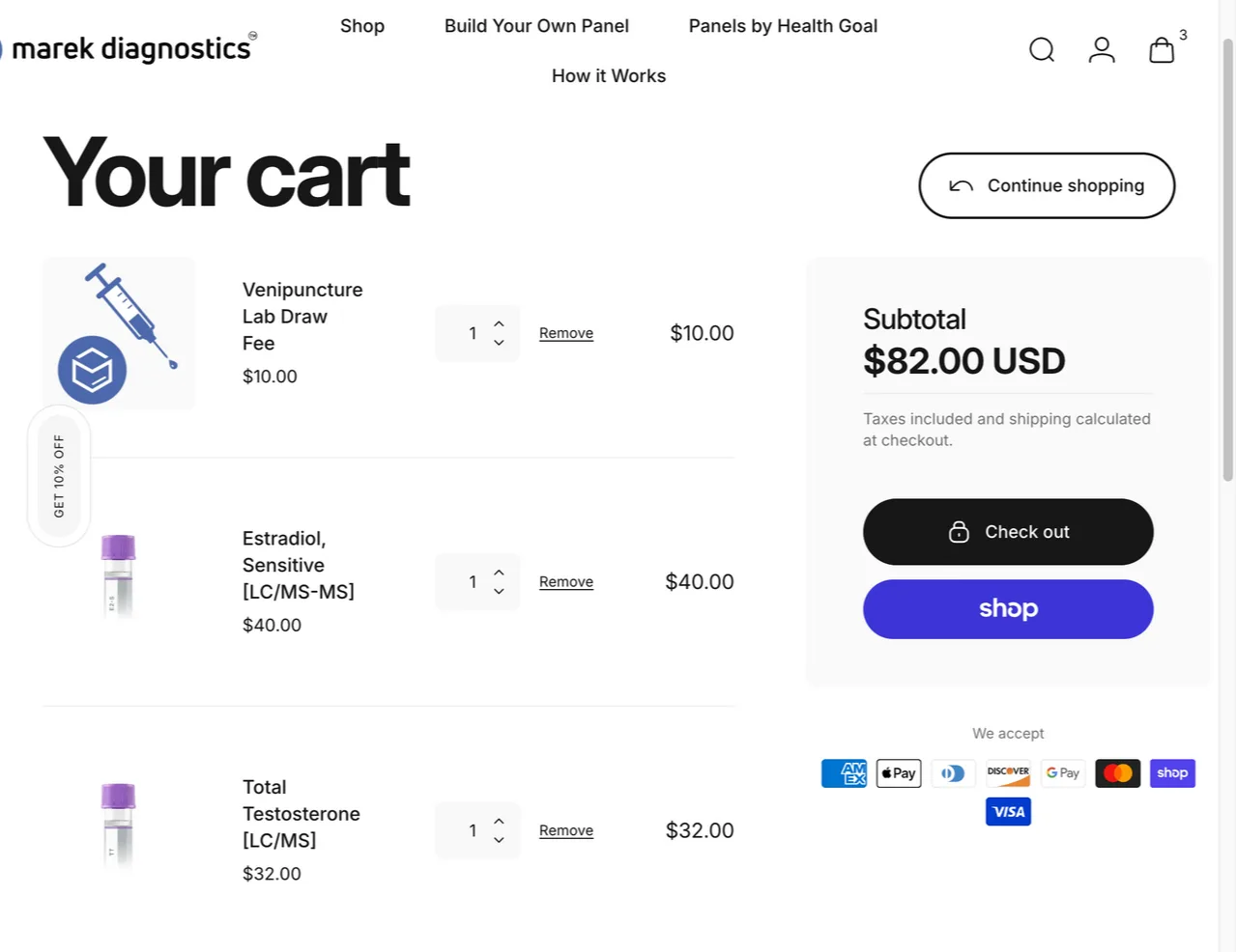 Marek Diagnostics cart with a Venipuncture Lab Draw Fee of $10.00, Estradiol Sensitive LC/MS-MS at $40.00 and Total Testosterone LC/MS at $32.00, for an $82.00 subtotal