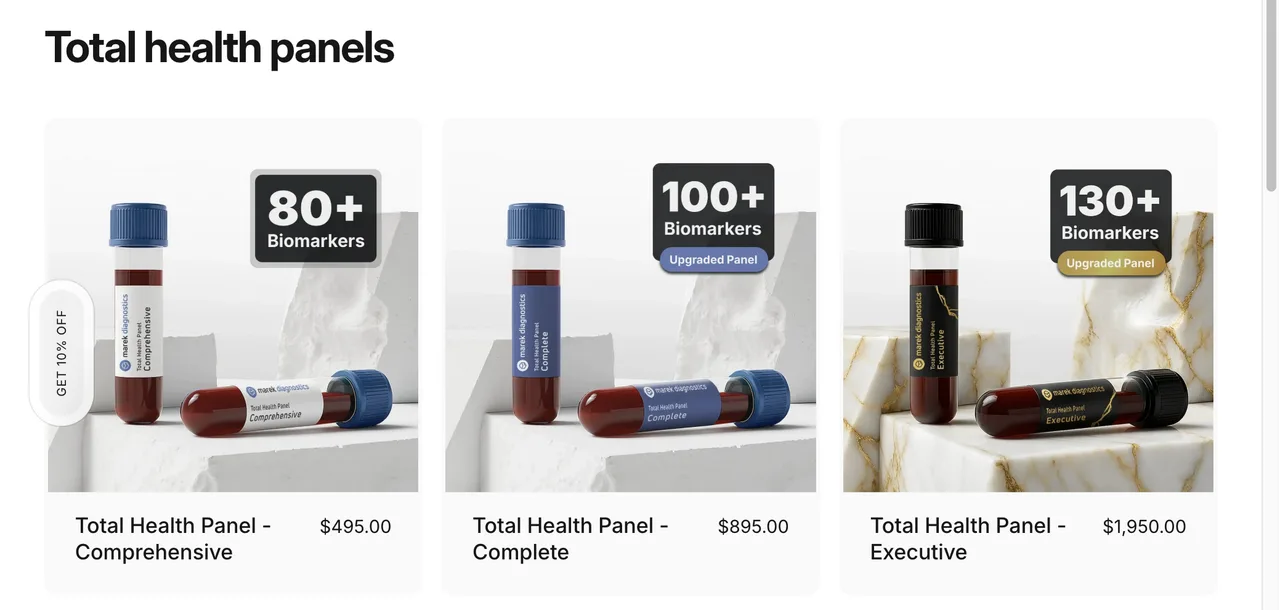 Marek Diagnostics Total Health panels: Comprehensive with 80+ biomarkers at $495, Complete with 100+ biomarkers at $895, and Executive with 130+ biomarkers at $1,950