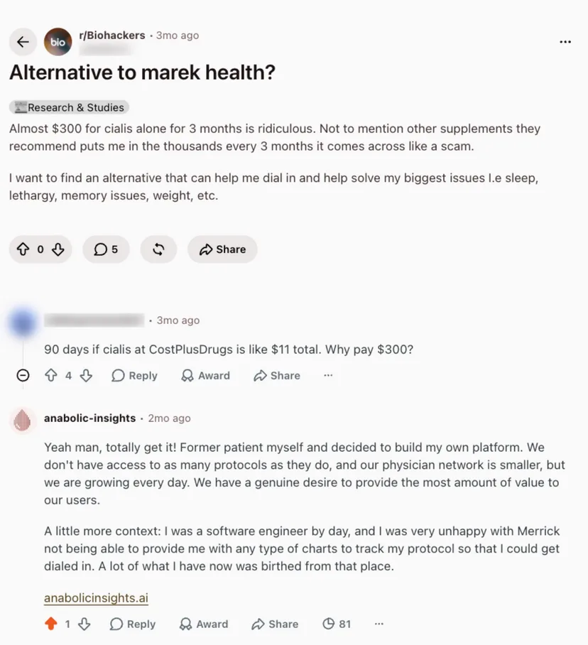 Reddit post in r/Biohackers titled Alternative to marek health, about paying almost $300 for Cialis for three months, with a reply from the anabolic-insights account explaining the founder is a former Marek patient
