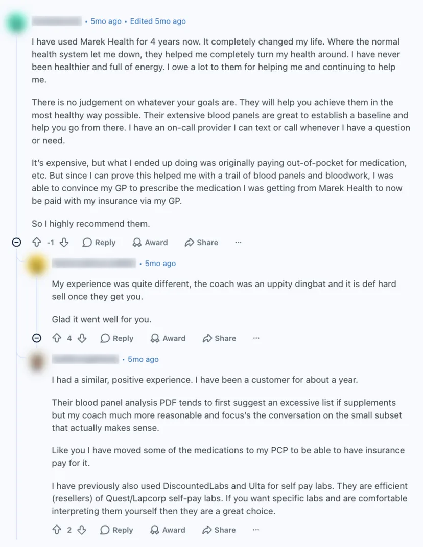 Reddit comments in r/PeterAttia: a four-year Marek Health patient says it completely changed their life, a reply says it was a hard sell, and a one-year patient says their coach was reasonable