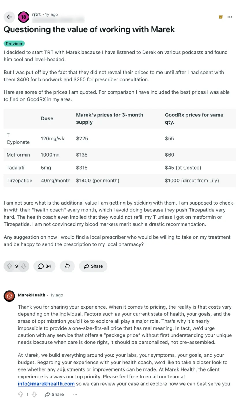 Reddit post in r/trt titled Questioning the value of working with Marek, with a table of Marek's quoted three-month medication prices compared with GoodRx, a note about a coach pushing tirzepatide, and a reply from the official MarekHealth account